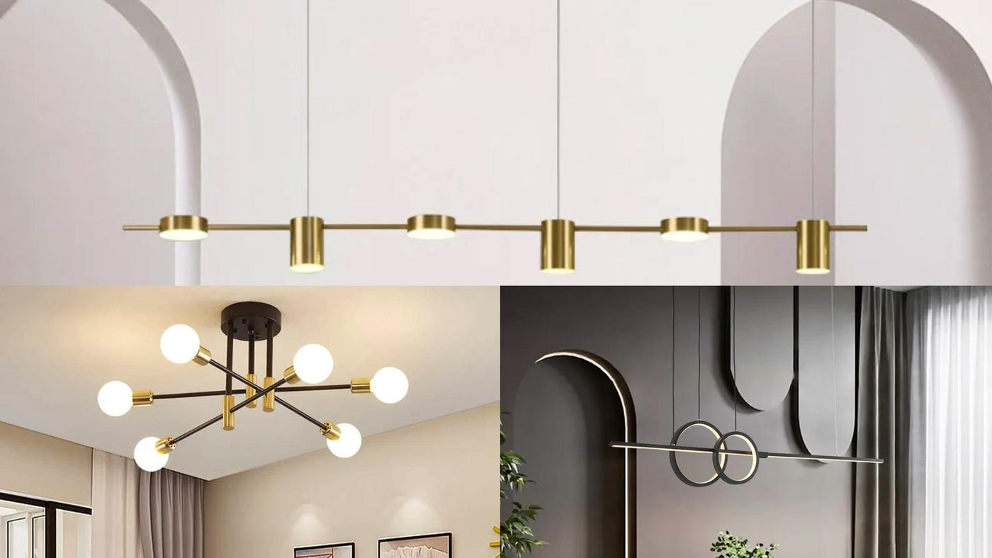 Three elegant chandeliers including a contemporary LED chandelier, a modern geometric ceiling light, and a modern minimalist pendant lighting.